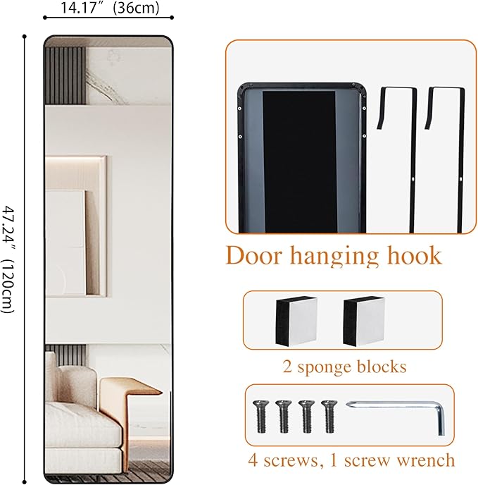 Protylctaster Door Mirror Full Length,Over The Door Mirror,48"x14" Full Length Mirror,Door Mirror, Mirror Full Length Door Hanging(Black)