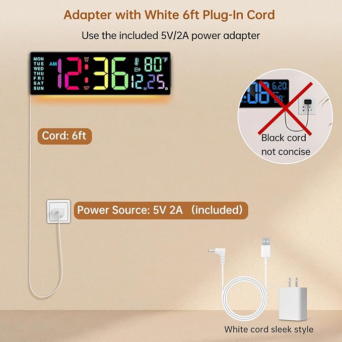 Soobest 14.2" Large Digital Wall Clock, Bluetooth Auto Time/Date/Day Sync, LED Large Display, Gym Countdown Timer & Temperature for Classroom, Living Room, Home, 12 Colors