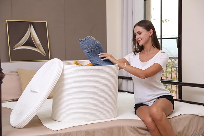 22"x14"x18" Rectangular Extra Large Storage Basket With Lid, Large Cotton Rope Storage Basket, Woven Laundry Hamper, Cloth Storage Bin, for Clothes Towels Blankets in Living Room, All White