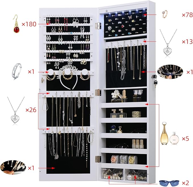 LED Jewelry Cabinet Armoire Organizer,Wall/Door Mount Jewelry Organizer and Storage with Full-Length Mirror Hanging Jewelry Organizer Full Length Mirror with Storage Large Capacity White