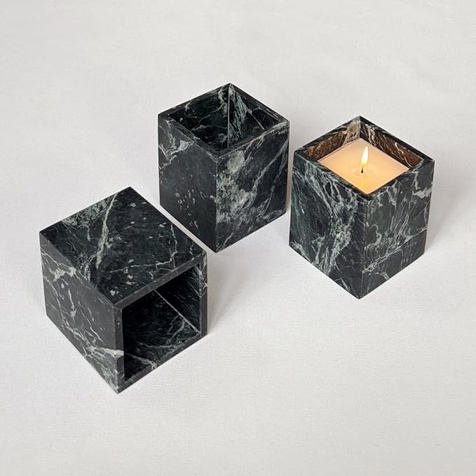 Natural Marble Stone Square Storage Container Empty Vessel Holder Cup for Candle/Pens/Sundries items (Dark Flower Green)