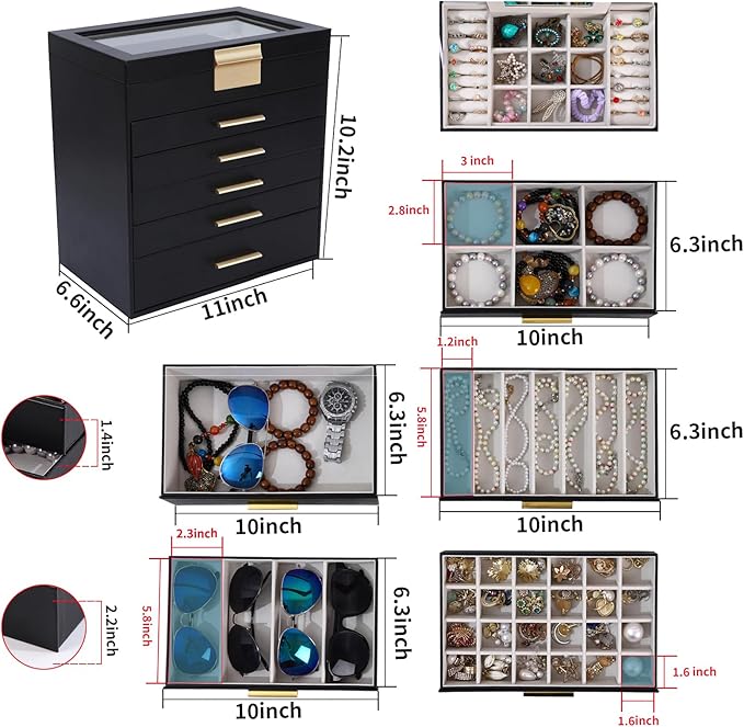 BOOVO Jewelry Boxes for Women, White and Black 6 Layer Large Jewelry Box for Necklace, Bracelet, Earrings, Rings Storage, Jewelry holder Organizer for Girls Gift (Clear Black, 6 layer)