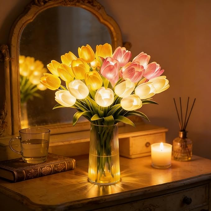 Radiant Romantic Tulip Light with a Vase, 15 PCS Twinkling Tree Tulips Led Night Light that Never Fade, Flower Shaped Ambient Night Lamp for Bedroom Bedside Decor & Gift (Mixed)