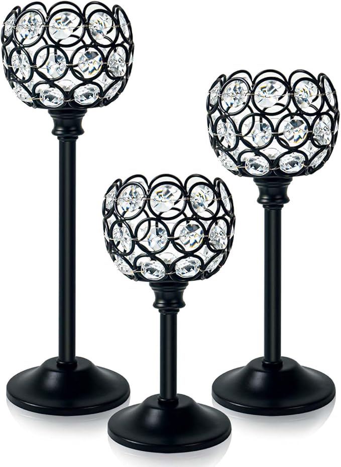 Set of 3 Balck Crystal Metal Tealight Candlestick, Bling Bowl Candelabras, Tall Votive Candle Holders Elegant Candle Centerpiece for Dining Table Wedding Decor