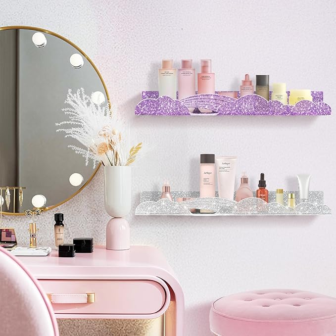 Rainbow Glitter Acrylic Floating Shelves, 15.7" Wall Mounted Nursery Bookshelf, Display Ledge for Book Toy Cosmetic Storage, Bathroom Bedroom Living Room Wall Organizer, 4 Pack, Silver Purple