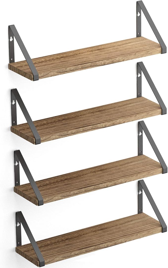 Wallniture Ponza Floating Shelves Wall Mounted Set of 4, Wall Shelves for Bedroom, Bathroom, Living Room, Kitchen, Natural Burnt Rustic Wood Board with Metal Floating Shelf Bracket