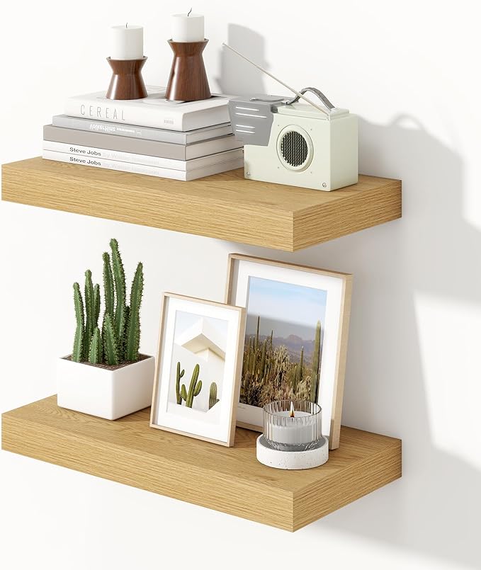 Heimlove 16 inch Floating Shelves for Wall,6.7 inch Deep Small Bathroom Over Toilet Shelf,Wall Mounted Wood Shelves for Bedroom,Living Room,Kitchen,Office,Set of 2,Oak Color