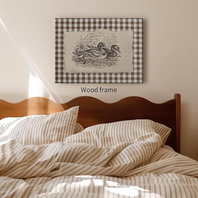 Nature Duck Animal Poster Vintage Brown Gingham Canvas Wall Art Rustic Cottagecore Pond Prints for Country Farmhouse Wall Decor 12X16 inch Wood Framed