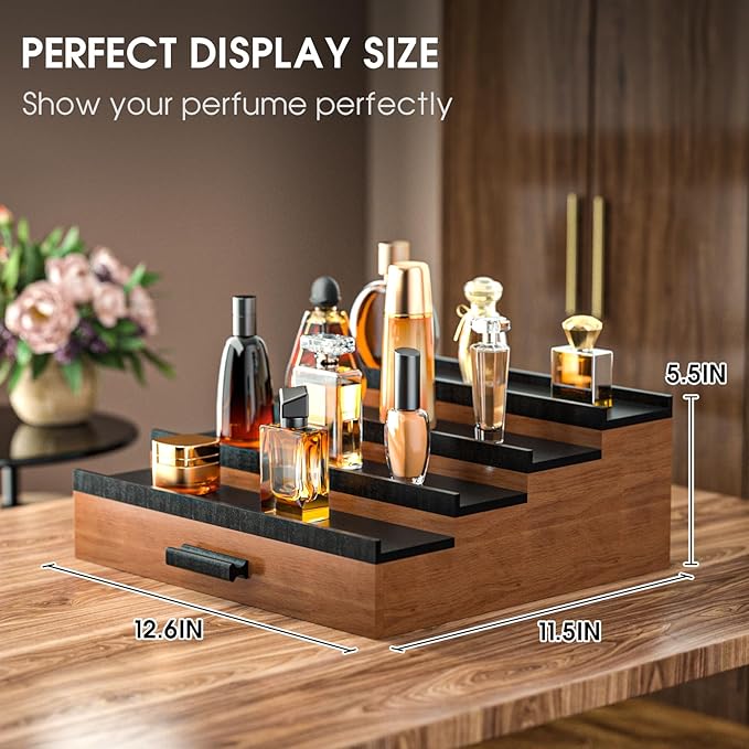 Sephyroth Cologne Organizer for Men 4 Tier of Elevated Cologne Display Shelf with Drawer Storage Perfume Organization and Storage Display Risers,Great Gift for Man(4Tier-WalnutBalck)