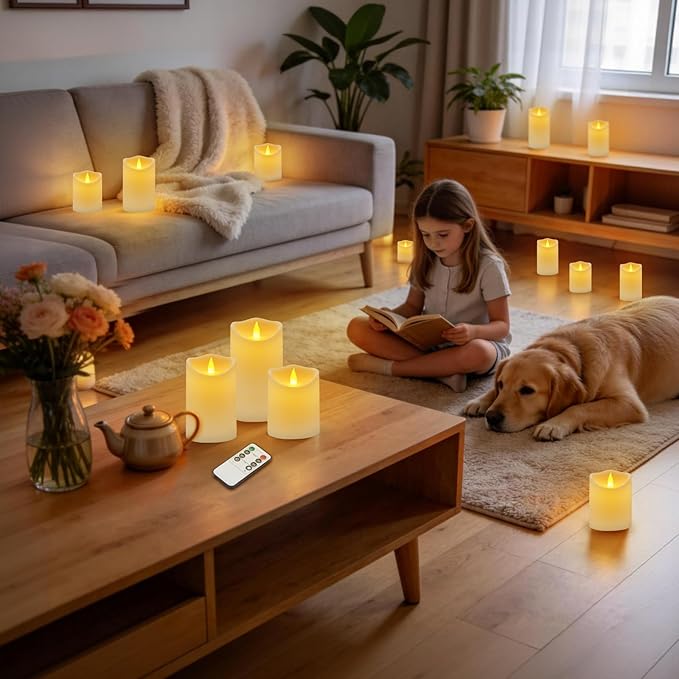 Artmarry Flameless Candles 4" 5" 6" Outdoor Indoor Pillars Battery Operated Flickering Candles Include 8-Key Remote Timer 400+ Hours by 2 AA Batteries (White Candle - Warm Light, 6 Pack)