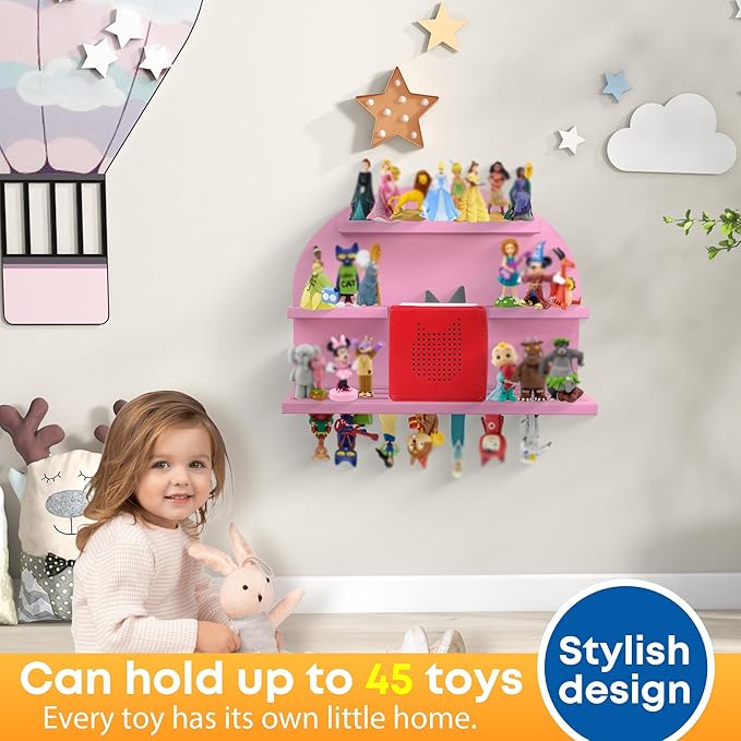 For Tonies Figures Shelf Magnetic,for Tonie box Wall Shelves,for Tonies Characters Organizer,Audio Toy Storage (Holds 45 Figurine),Compatible Charging Station for Kid's Room,Pine,Arch,Large,(Pink)