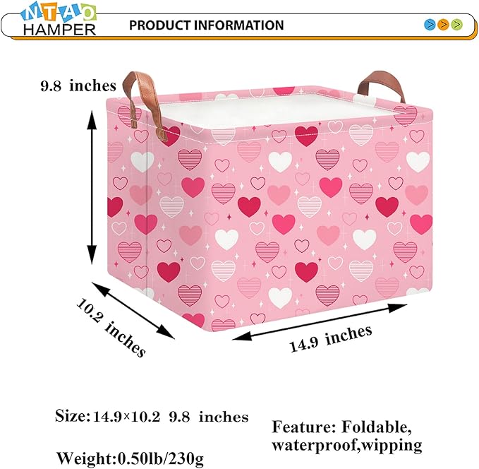 NTAOHAMPER Mothers Day Gifts Love Heart Fabric Storage Basket Empty with Handles, Books Box, Baby Shower Baptism Lovely Storage24L(Love You Heart)
