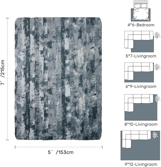 5x7 Feet Area Rugs for Living Room, Grey and Blue Plush Fluffy Shaggy Bedroom Rugs Non-Slip, Ultra Soft Carpet for Nursery Kids PlayRoom Dorm Office Indoor