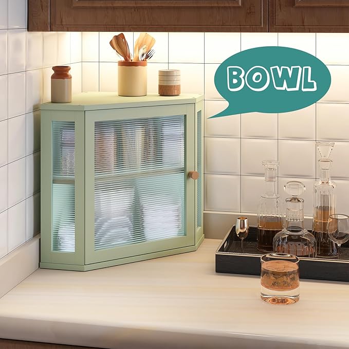 Corner Bread Box for Kitchen Countertop, Bamboo Wood Green Bread Box, Large Capacity Bread Storage Bin with Acrylic Wavy Door Panel