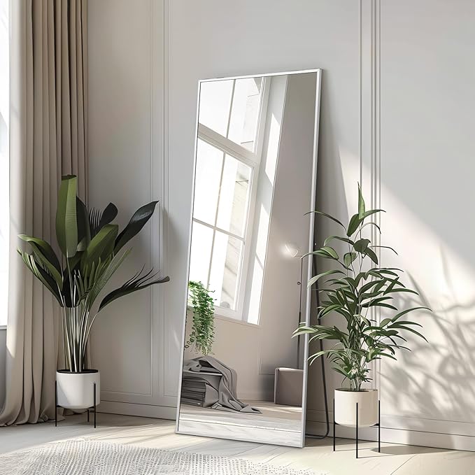 MELOMOIR 56"x18" Full Length Mirror, Silver Floor Mirror with Stand or Wall Mount, Aluminum Alloy Frame Full Body Mirror for Bedroom, Living Room, Cloakroom, Hallway