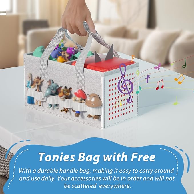 for Tonie Shelf Magnetic - Wooden Tonies Organizer with Carrying Bag, 3 Tiered Magnetic Display Shelf for Toniebox Holder, Wall Mount/Countertop Use Tonies Toy Storage for Kids Room/Playroom (White)