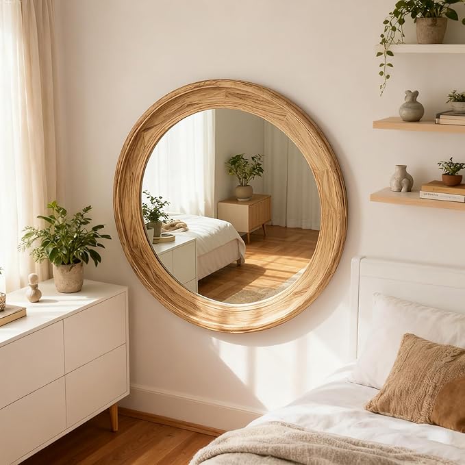sawsile Round Wood Mirror 24" Natural Circle Wooden Nursery Farmhouse Rustic Decorative Large Wall Mirror for Bathroom,Living Room, Fireplace,Hallway