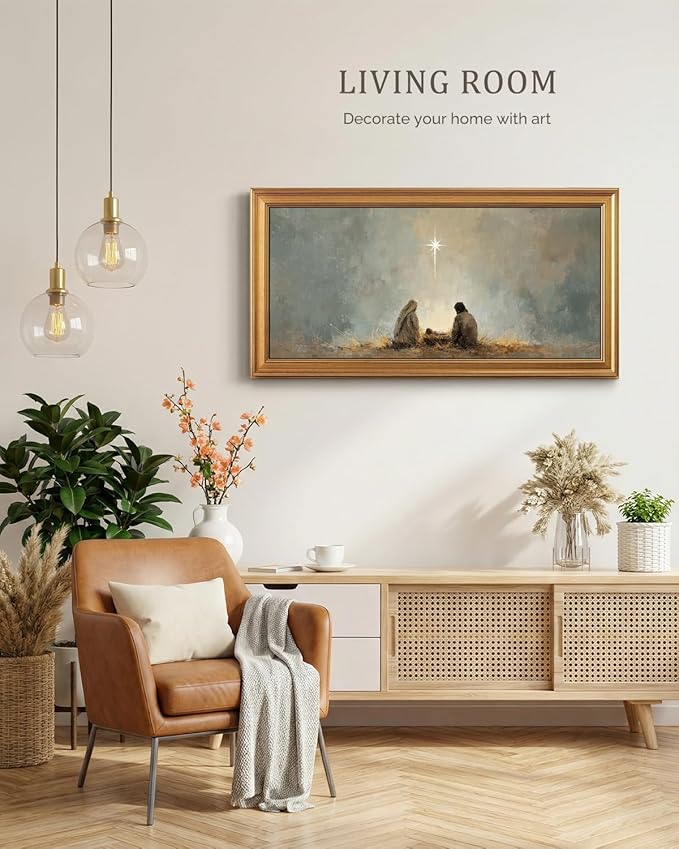 Bzstyleart Vintage Wall Art Decor for Living Room, Large Framed Jesus Wall Art Canvas, Christian Pictures Home Decor Aesthetic, Rejious Christian Artwork Painting, Star of Bethlehem, 20 x 40 Inch