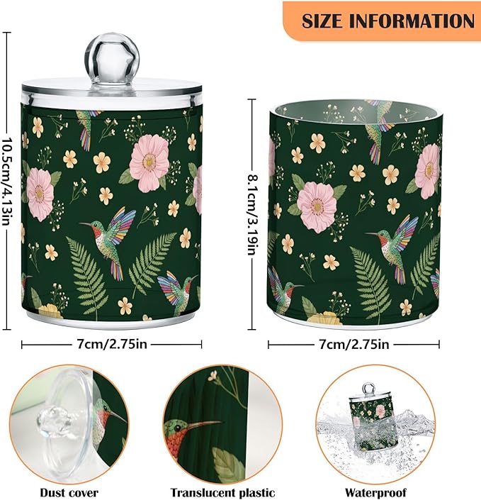 Flower Hummingbirds Green Bathroom Containers Holder with Lids Set Clear Jars 2 Pack Plastic Makeup Storage Organizer 4.13 x 2.75In for Cotton Swabs Pads Hair Clips