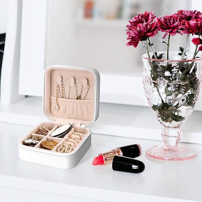 Cosmetic And Makeup Theme Pattern Jewelry Box Portable Mini Travel Case Display Storage Holder Boxes PU Leather Small Jewelry Organizer for Women for Stud Earrings Rings Necklaces Bracelets