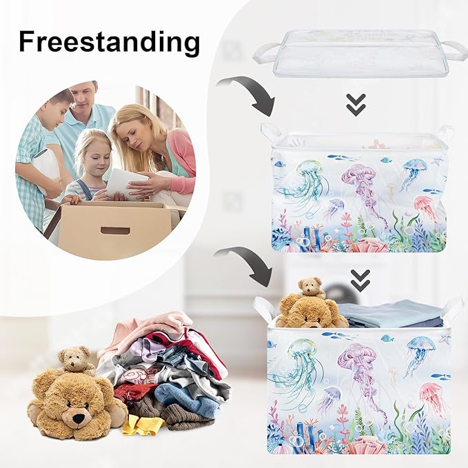 Ocean Animals Baby Laundry Hamper Collapsible Clothes Kids Storage Basket Large Boys Girls Gift Toy Box Bin for Nursery Room, Colorful Jellyfish, 36L