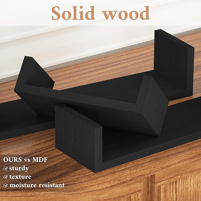 SRIWATANA Floating Shelves Wall Mounted, Solid Wood Wall Shelves, Black