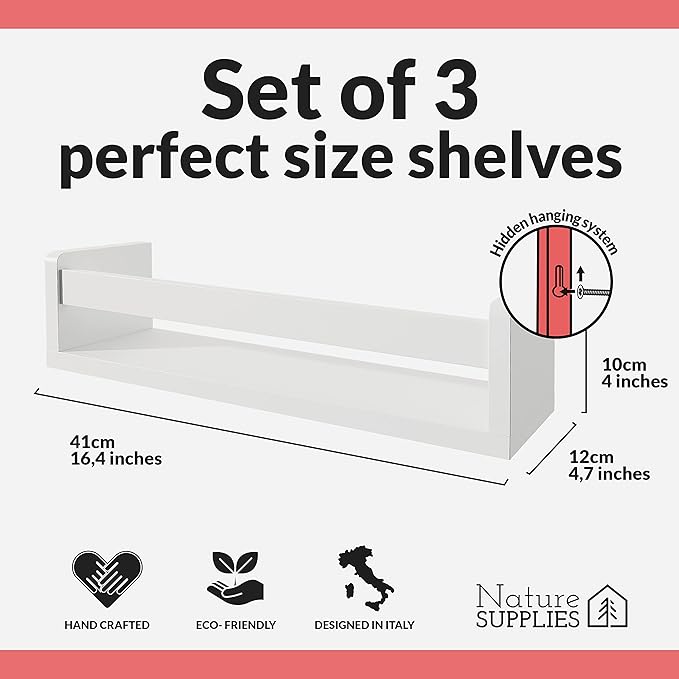 NATURE SUPPLIES Set of 3, 16.4" White Floating Nursery Shelves for Wall, Kids Bookshelf for Bedroom, Nursery Storage, Decorative Display for Kids Rooms, Modern Wall-Mounted Organizer for Home