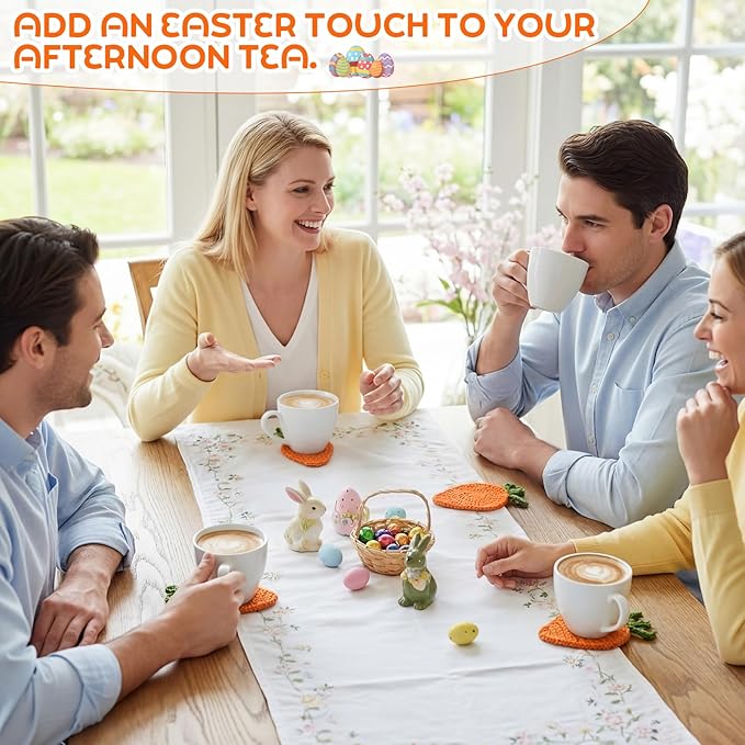5 Pcs Easter Carrot Crochet Coaster Set with Basket 4.3 Inch Handmade Woven Carrot Cup Pad Mats Gift Kit for Holiday Kitchen Office Bar Desk Table Decoration