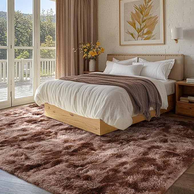 FinRèc Brown Rugs for Bedroom Living Room, 5x7 Feet Plush Fluffy Shag Area Rug, Non-Slip Fuzzy Furry Shaggy Rug for Kids Room Dorm Room Home Decor, High Pile Soft Floor Carpet