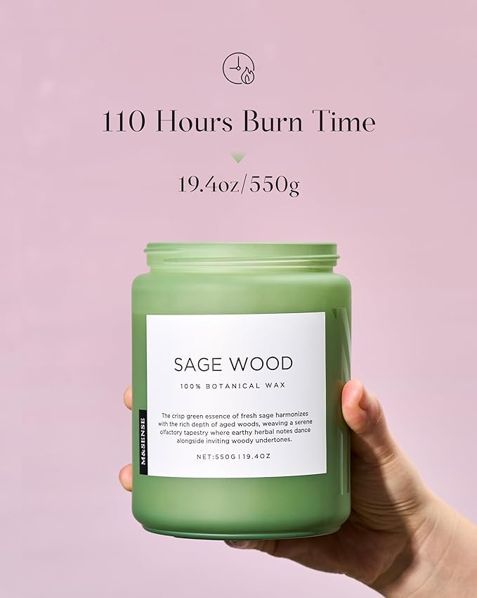 M&SENSE Sage Wood Scented Candles for Home, 19.4oz All Natural Soy Wax, 110 Hours Long Lasting, Clean Non Toxic Candle, Fresh Smelling for Relaxation Stress Relief, Fragrance Gifts for Men Women