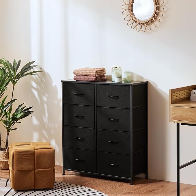 OLIXIS 8 Drawer Dresser for Bedroom, Wide Fabric Storage Tower with Wooden Top and Metal Frame, Closet Chest Organizer Furniture, Living Room Hallway, Black