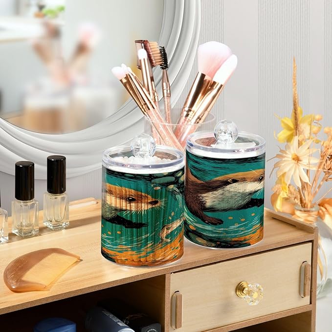2 Pack Apothecary Jars,Otter in Glowing Currents Bathroom Vanity Storage Organizer Set,Small Clear Plastic Storage Jars Bathroom Canister for Cotton Swabs,Rounds,Balls,Qtips,Makeup Sponges