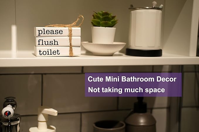 Farmhouse Mini Bathroom Sign Decor Funny Wooden Book Stack for Bathroom Tray Decor Bathroom Shelf Sitter 2 Signs in 1 Reversible Mini Book Set of 3 for Restroom Wooden Rustic Sign