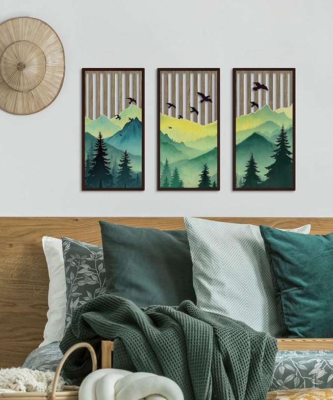 Putuo Decor Forest Mountain Wall Art Set of 3, Nature-Inspired MDF Cut-Out Panels with Bird and Tree Silhouettes, Rustic Wall Decor for Living Room Bedroom Cabin Office