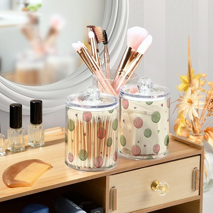 Tennis Balls Pattern Bathroom Containers Holder with Lids Set Clear Jars 2 Pack Plastic Makeup Storage Organizer 4.13 x 2.75In for Vanity Floss Picks Balls