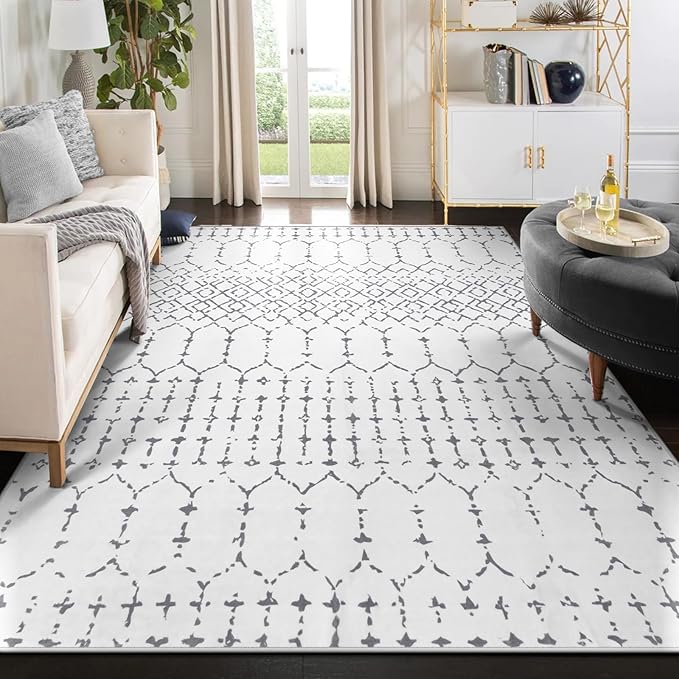 Lahome Moroccan 8x10 Rugs for Living Room - Non-Slip Washable Ultra-Thin Large Rug for Dining, Modern Geometric Print Indoor Soft Carpet for Bedroom Office Hana, White