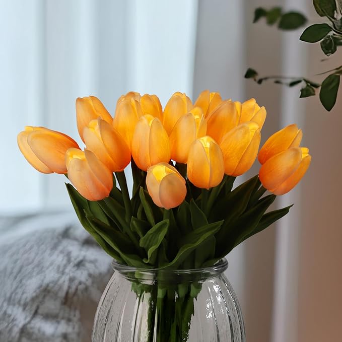 HOMESEASONS 20pcs Tulip Lamp Artificial Floral Night Light Real Touch Tulip Night Lamp LED Flower Bouquet Home Kitchen Decor(Orange)