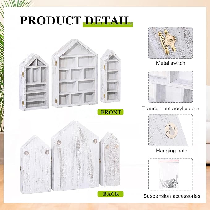 DoubleFill Set of 3 Wooden Trinket Display Shelf Shadow Box with Shelves 10 x 15 Inch Large Wall Mounted Display Storage Mini Figures Curio Trinket Medals Crafts Collections(Antique White,House Shape)