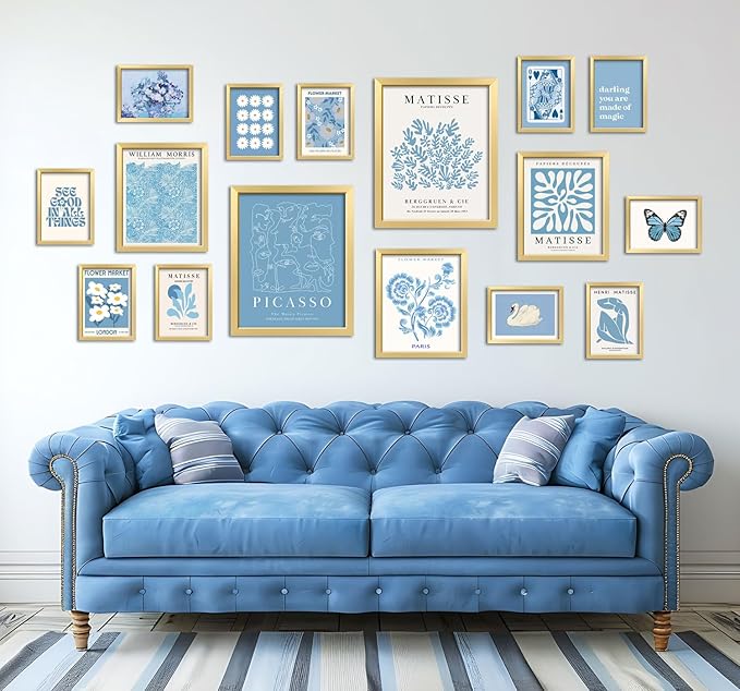 ANERZA 16 PCS Framed Blue Wall Art Decor, Matisse Wall Prints for Bedroom, Gallery Wall Frame Set, Minimalist Posters for Living Room Aesthetic, Collage Kit, Teen Girls Dorm Home Artwork