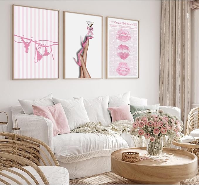 Pink Coquette Wall Art Decor Trendy Aesthetic Posters Preppy Funky Y2k Canvas Wall Art Decor Bow Girly Room Pictures Coquette Bikini Lips Prints Pink Artwork for Dorm Bedroom 16x24x3 Inch Unframed