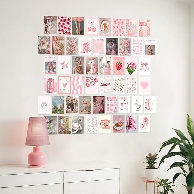 KBKBART 50Pcs Pink Coquette Room Decor Aesthetic Pictures, Pink Posters Coquette Room Decor, 4"x6" Wall Collage Kit for Teen Girls Dorm Bedroom, Cute Pictures Trendy Wall Art Prints