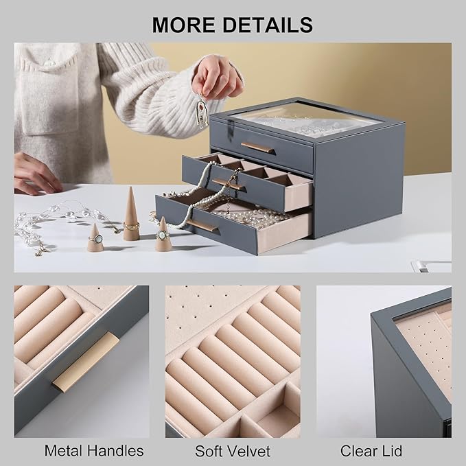 Frebeauty Clear Lid Jewelry Box,3-Layer Jewelry Organizer with Drawer,PU Leather Jewelry Organizers and Storage,Jewelry Boxes for Women,Jewelry Storage for Rings Earring Stud,Gift for Women(Grey)