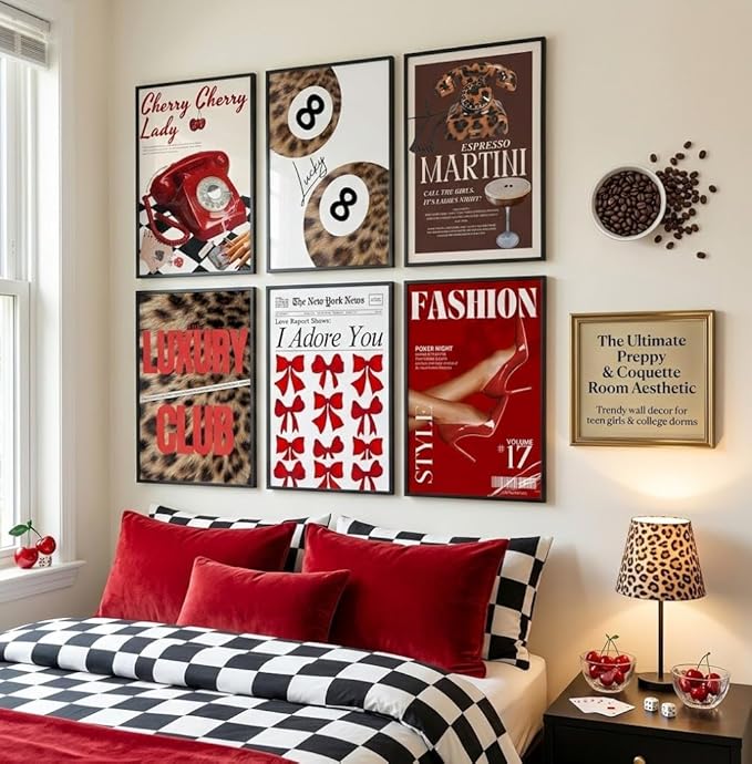 Y2K Room Decor Aesthetic, 6 Pcs Red Eclectic Wall Art Set, Funky Preppy Room Decor, 8 Ball & Lucky You Poster, Cheetah Leopard Print Canvas Wall Art, 8x12 Unframed Gallery Wall for Bedroom Dorm Apartment