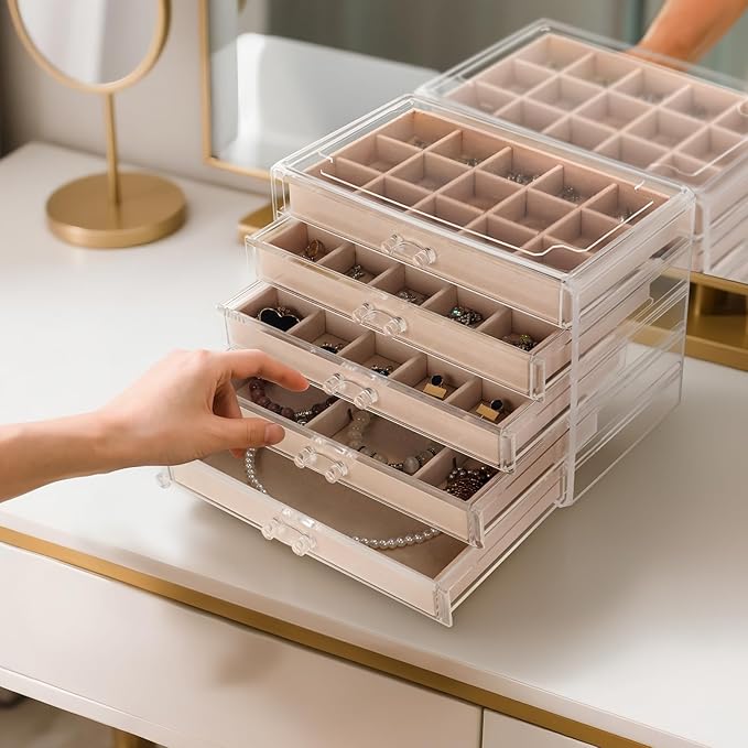 FEISCON Jewelry Box Organizer，Acrylic Storage Organizer with 5 Drawers Adjustable Velvet Trays grid size Jewelry Storage Box Clear Jewelry Organizer Gift for Women Girls (5 layer)