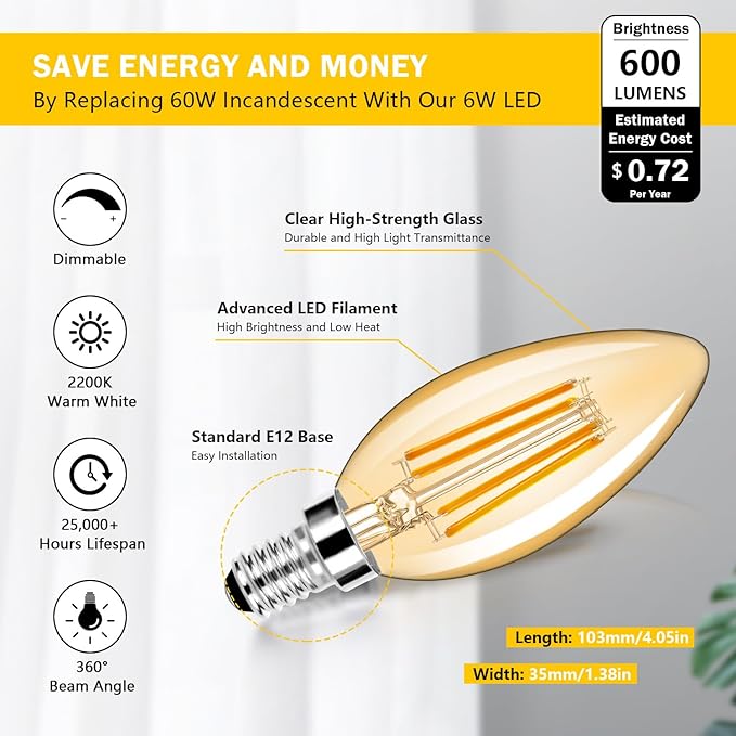 12-Pack Dimmable E12 LED Candelabra Bulbs 60W Equivalent, 2200K Soft Warm White, 600 Lumens B11 Candle Base 6W C35 LED Filament Vintage Light Bulbs, Amber Glass for Chandelier Ceiling Fan High CRI 90+