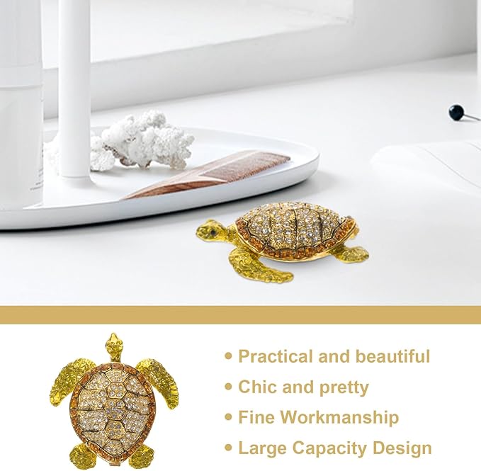 Ciieeo Turtle Jewelry Box with Hinged Lid, Tin Alloy Embellished Trinket Case, Lovely Desktop Jewelry Organizer and Cosmetics Holder for Home Decoration