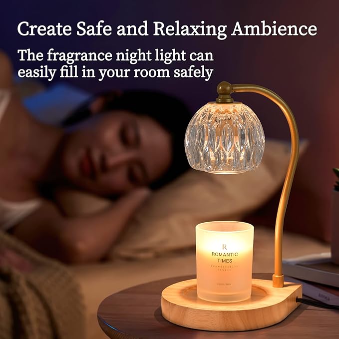 Candle Warmer Lamp,Candle lamp,Vintage Crystal Candle Wax Warmer,Heat Adjustable,Birthday Gifts for Women mom,with 2 Bulbs,Wooden Base(Transparent)