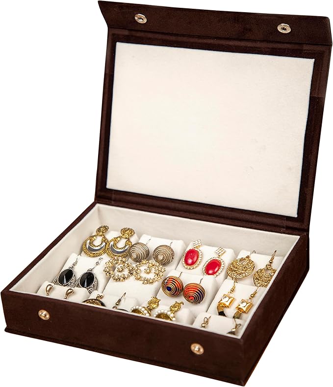 atorakushon Velvet Earrings Jewelry Box Women 12 Slots Jhumka Jewelry Organizer, Rings Earrings Holder Organizer Display Storage Case, for Woman and Girls (Brown)