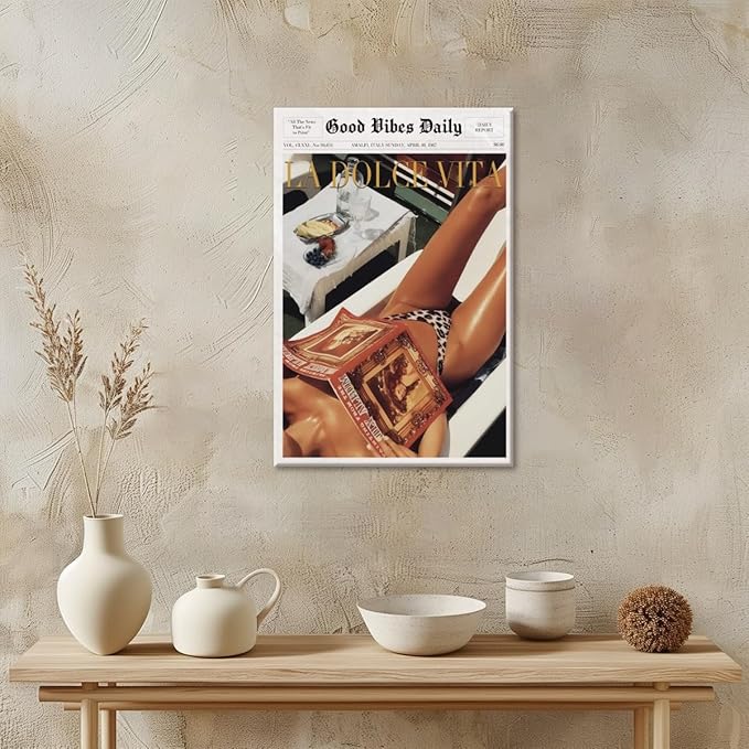 Trendy Newspaper Posters Vintage Good Vibes Daily Wall Art 60s La Dolce Vita Poster Beach Vibe Funky Aesthetic Retro Trippy Art Canvas Prints for Cool Girl Room Home Dorm Decor 12x16inch Framed