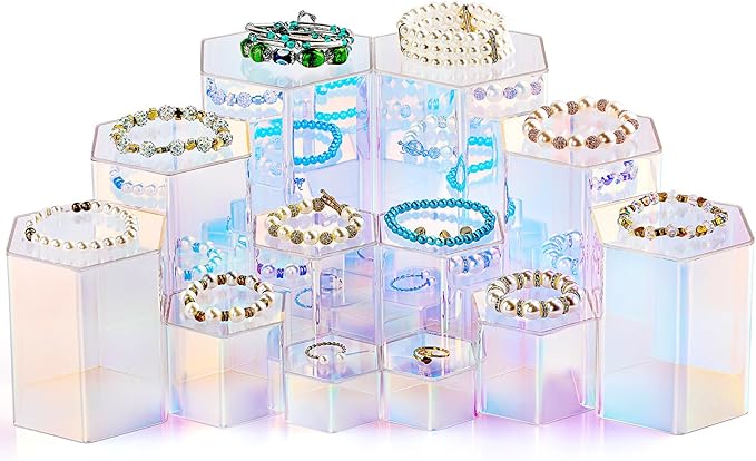 Jetec 12 Pcs Acrylic Display Risers Hexagonal Jewelry Display Stands Perfume Jewelry Showcase Acrylic Jewelry Display Organizer for Collectible Figures Jewelry Display, 6 Sizes (Rainbow Color)